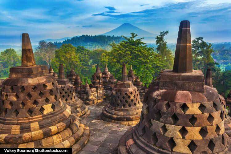 The view of Mount Merapi from the top of the temple of Borobudur