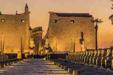 Luxor Temple at night with the plinth and row of sphinx's lit up