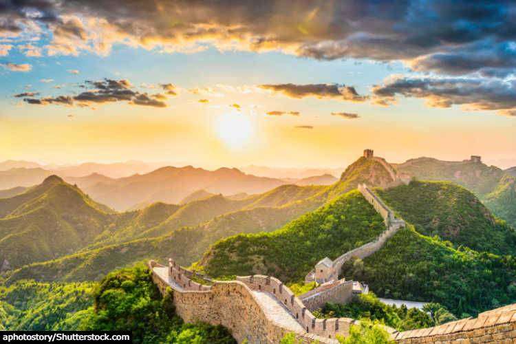 Great Wall of China stretching across the hills