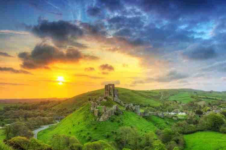 Corfe Castle at sunset