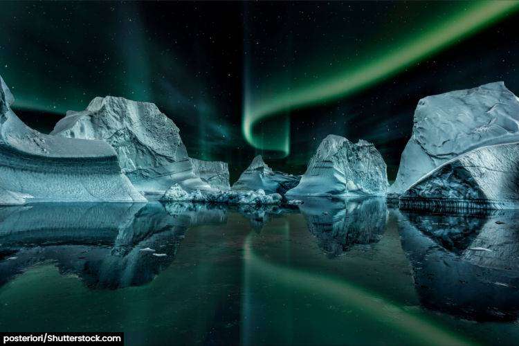 Aurora Borealis over icebergs in Greenland