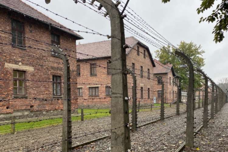 Barb wire and buildings at Auschwitz