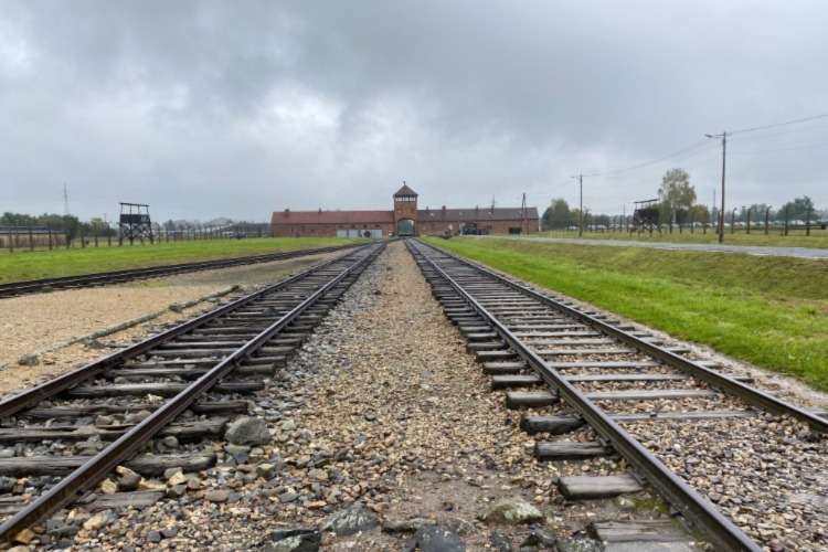 The railway and guardhouse at Auschwitz II-Birkenau