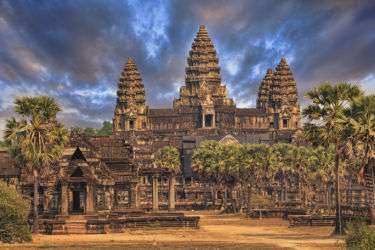 View of Angkor Wat with stormy skies