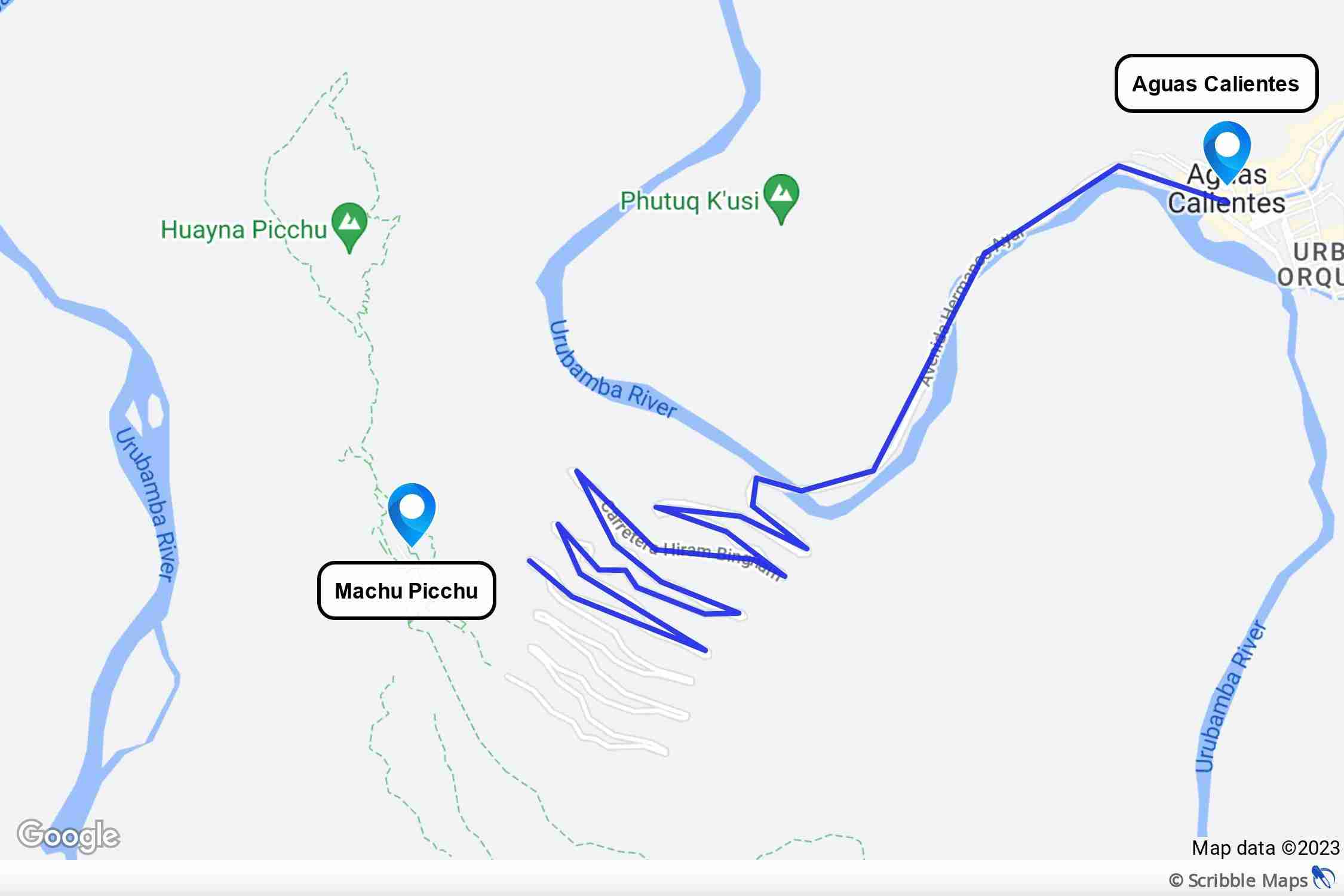 Map showing the location of Aguas Calientes in Peru