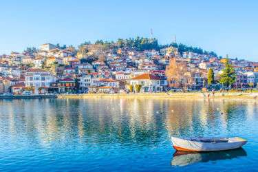 The UNESCO town of Ohrid as seen from Lake Ohrid in North Macedonia