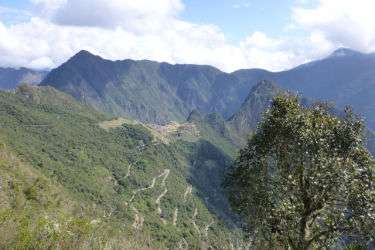 Aerial view of the hairpin turns of the Hiram Bingham Highway