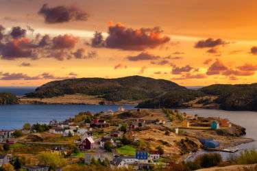 Panoramic view across a bay and headland in Newfoundland