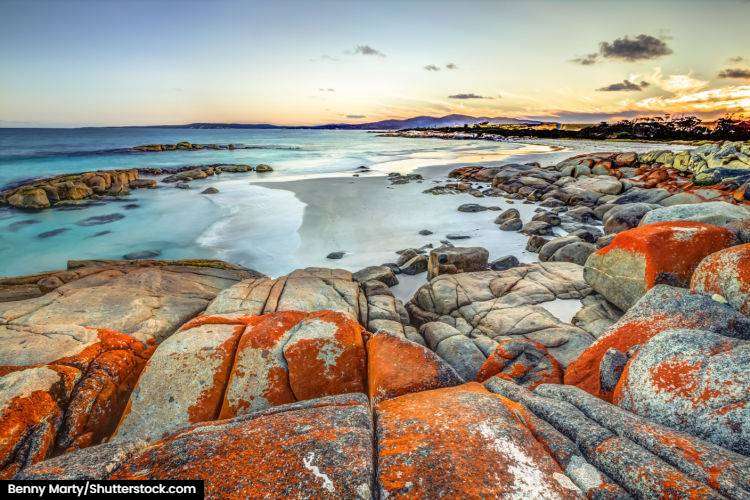 The orange lichen boulders of the Bay of Fires