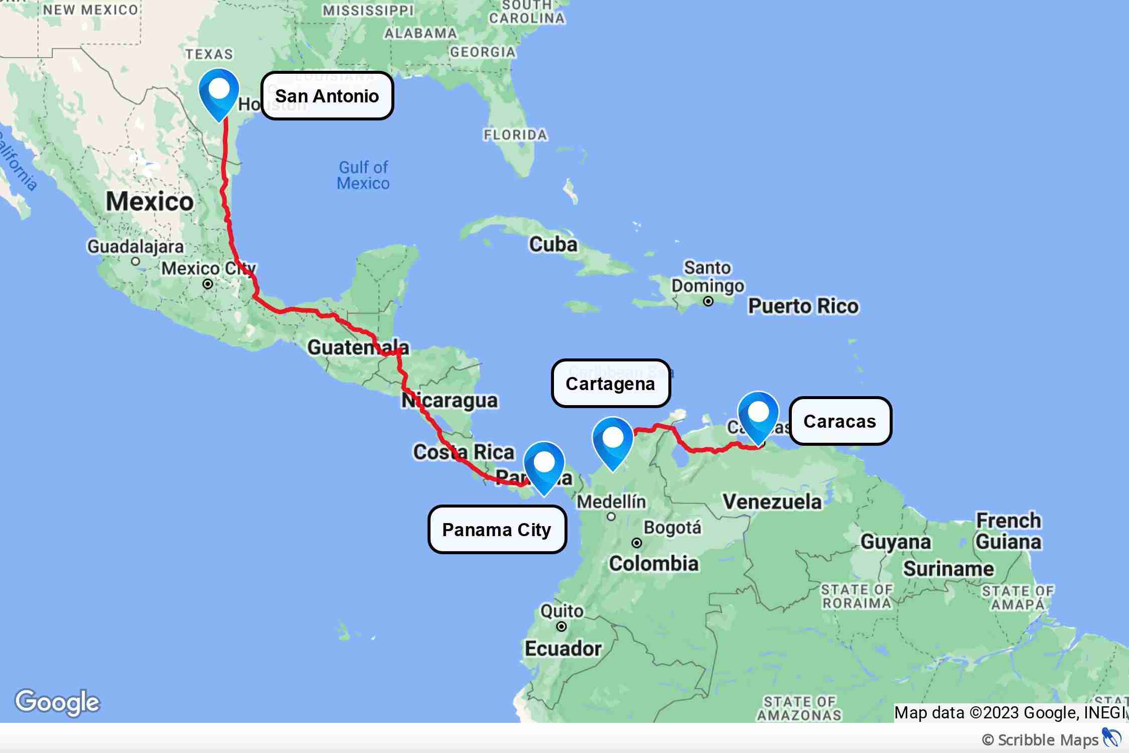 Map showing the road route to drive to Zenezuela