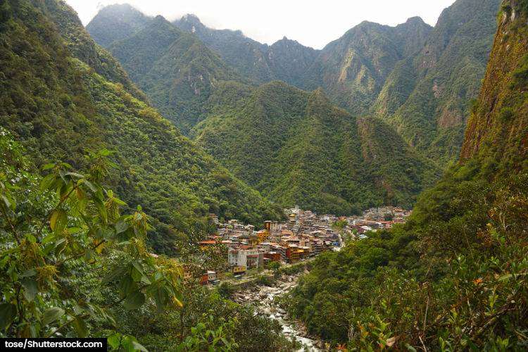View of the town of Aguas Calientes nestled in the valley