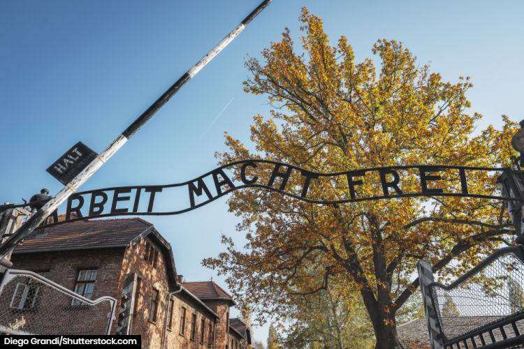 The Arbeit macht frei sign at the entrance to Auschwitz