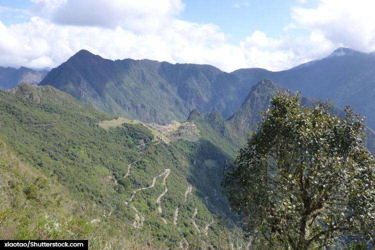 Aerial view of the hairpin turns of the Hiram Bingham Highway