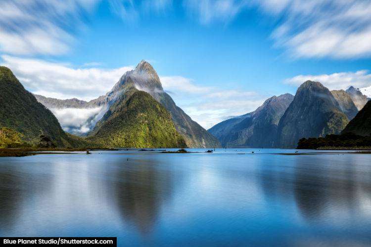 The still waters of Milford Sound in New Zealand