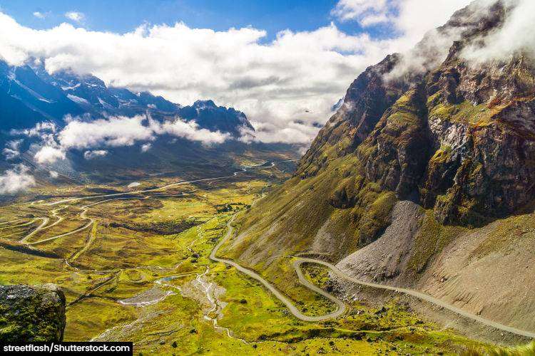 View of morning fog over the Death Road in the Yungas of Bolivia