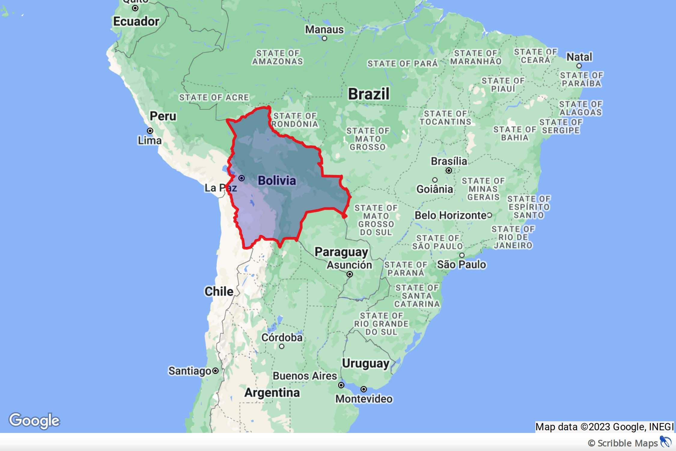 Map showing the location of Bolivia relative to other South American countries
