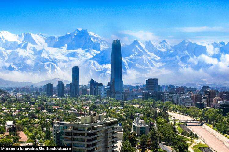 Panoramic view of Santiago skyline with the Andes Mountains in the background.
