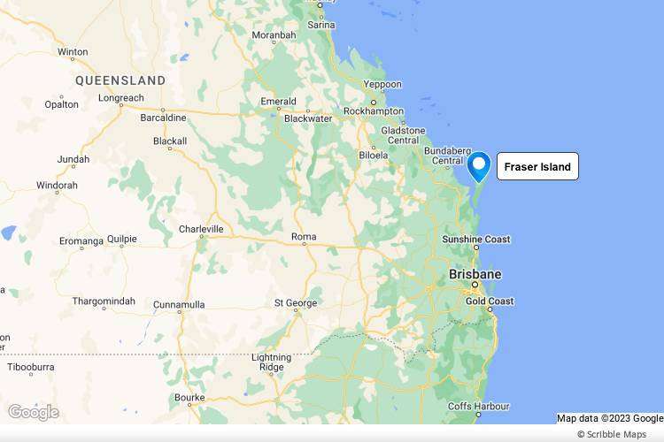 Map showing the location of Fraser Island in Queensland, Australia