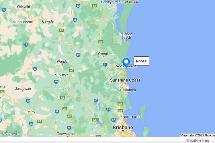 Map showing location of Noosa relative to Brisbane, Sunshine Coast and Fraser Island.