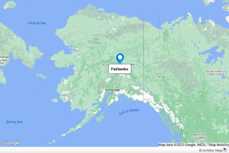 Map showing the location of Fairbanks in the centre and interior of Alaska